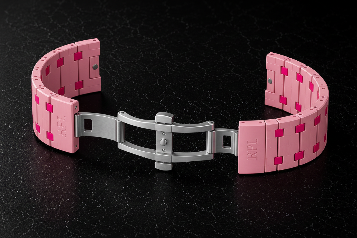 Royal Pop Lab strap Pink & Fuchsia – flat lay horizontal on dark stone