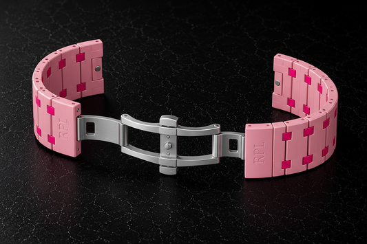 Royal Pop Lab strap Pink & Fuchsia – flat lay horizontal on dark stone